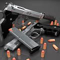 Classic 1911 Pistol With Silver Finish Bullets And Magazine On Black Surface