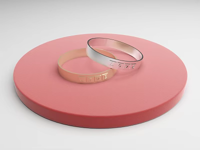 Elegant Rose Gold and Silver Bracelets Engraved LOVE on Red Circular Platform 3d model Elegant Rose Gold and Silver Bracelets Engraved LOVE on Red Circular Platform 3d model