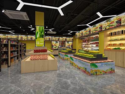 Modern Supermarket Grocery Store Interior With Fresh Fruits Display And Shelves 3d model