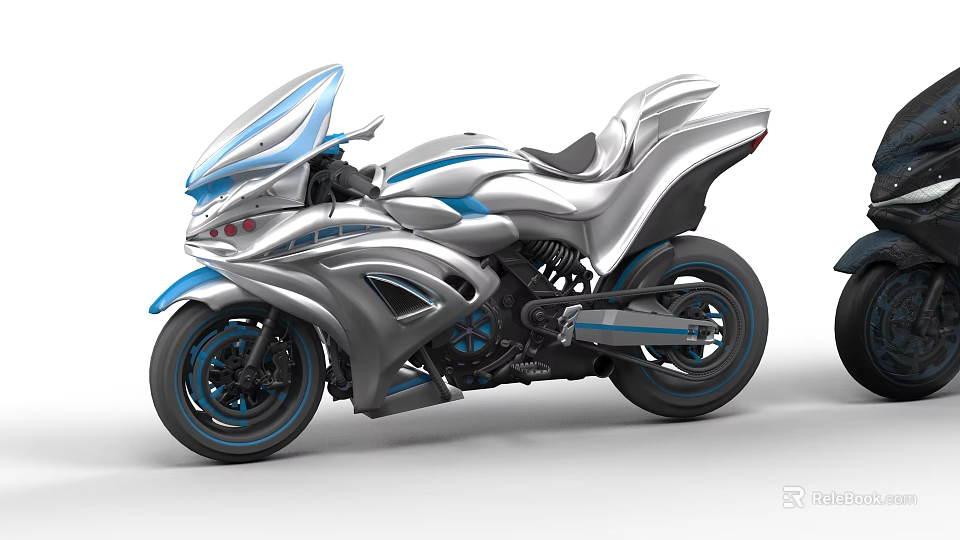 Silver and Blue Modern Streamlined Motorcycle with Futuristic Design Transparent Windscreen 3d model 