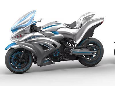 Silver and Blue Modern Streamlined Motorcycle with Futuristic Design Transparent Windscreen 3d model