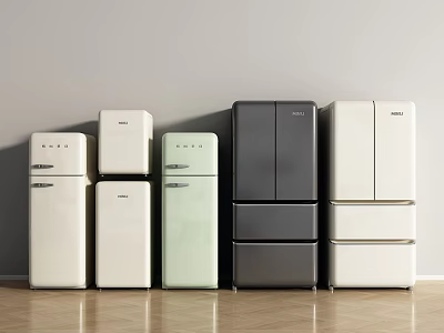 Multiple Modern Refrigerators In Various Colors Arranged Against Light Wall On Wooden Floor 3d model