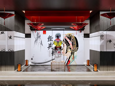 Traditional Chinese Interior With Red Lanterns Peking Opera Mural And Ink Wash Art 3d model