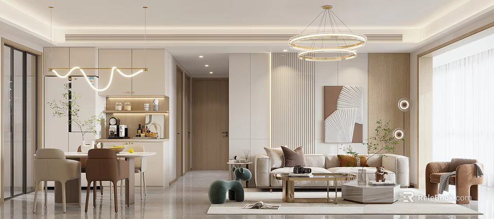 Elegant Modern Living Dining Room Interior With Sofa Coffee Table Chandelier And Artwork 3d model 