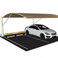 Beige Canopy Carport Supporting Poles Covering White Car On Black Parking Space With White Lines