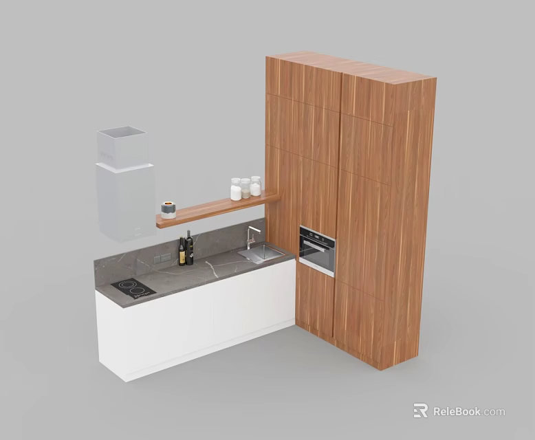 Wooden Kitchen Cabinets With White Countertop Sink Built in Stove And Shelf 3d model 