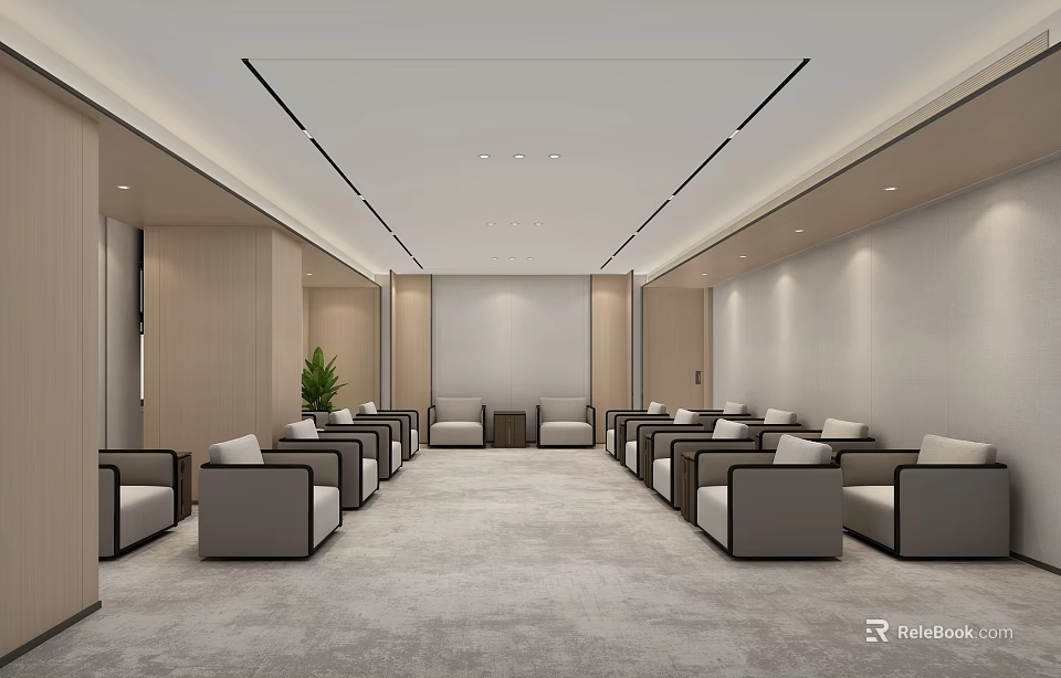 Modern Conference Room Interior With Neatly Arranged Chairs Beige Walls Gray Carpet And Strip Lights 3d model 