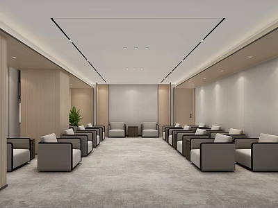 Modern Conference Room Interior With Neatly Arranged Chairs Beige Walls Gray Carpet And Strip Lights 3d model