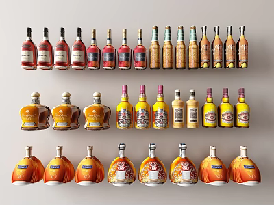 Various Colorful Alcohol Bottles With Different Designs Neatly Arranged On White Background 3d model