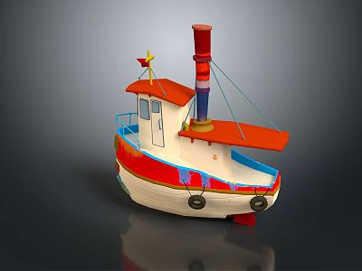 Colorful Toy Boat With Red Chimney White Hull Blue Accents And Orange Deck 3d model