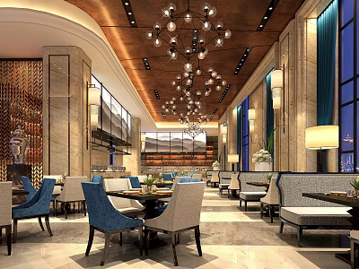 Luxurious Restaurant Interior With Chandeliers Blue And Beige Chairs Marble Walls And Large Windows 3d model