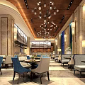 Luxurious Restaurant Interior With Chandeliers Blue And Beige Chairs Marble Walls And Large Windows