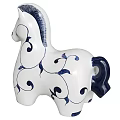Ceramic Horse Figurine with White Body Blue Swirl Patterns and Leaf Designs
