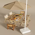 Outdoor Table and Chair Combination with Umbrella and Fruits on Wooden Table