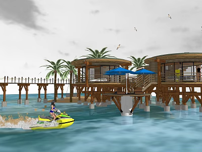 Hotel Building on Wooden Stilts Over Water with Palm Trees Blue Umbrellas and Jet Ski 3d model