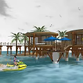 Hotel Building on Wooden Stilts Over Water with Palm Trees Blue Umbrellas and Jet Ski