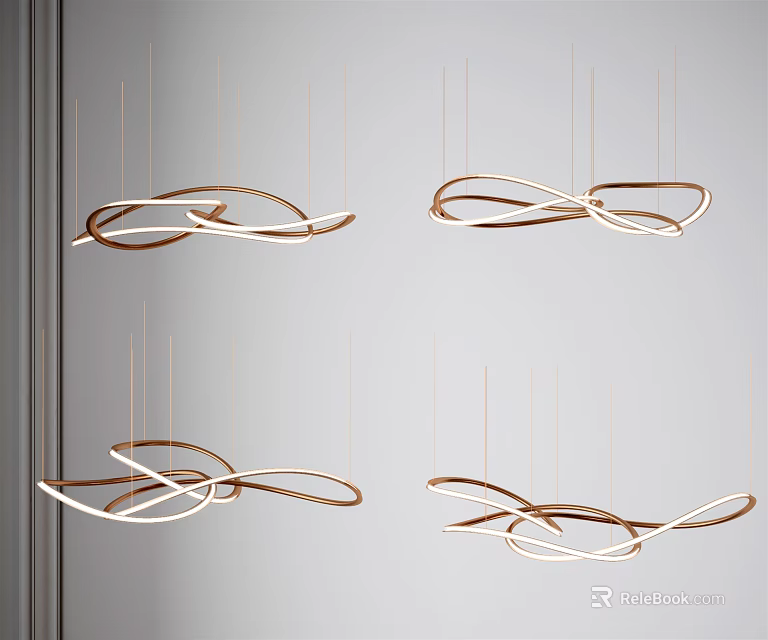 Four Modern Chandeliers With Curved Metallic Frames And White Lighting Design 3d model