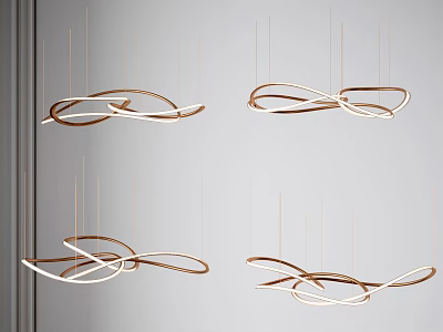 Four Modern Chandeliers With Curved Metallic Frames And White Lighting Design 3d model