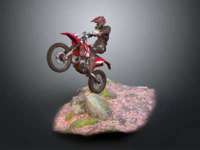 The Man Riding Red Motorcycle Performing High Jump On Mossy Rock Surface 3d model
