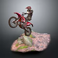 The Man Riding Red Motorcycle Performing High Jump On Mossy Rock Surface