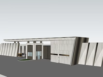 Modern Building Entrance Gate Design With Geometric Walls Glass Doors And Overhanging Roof 3d model