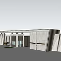 Modern Building Entrance Gate Design With Geometric Walls Glass Doors And Overhanging Roof