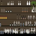 Assorted Wine Bottles and Glasses Arranged on Multiple Shelves with Various Sizes and Styles 3d model