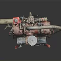 Red And Black Automotive Engine Component With Metal Pipes On Red Stand Dark Background
