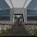 Modern Greenhouse Interior With Stone Path Robot And Various Flowers Under Glass Roof