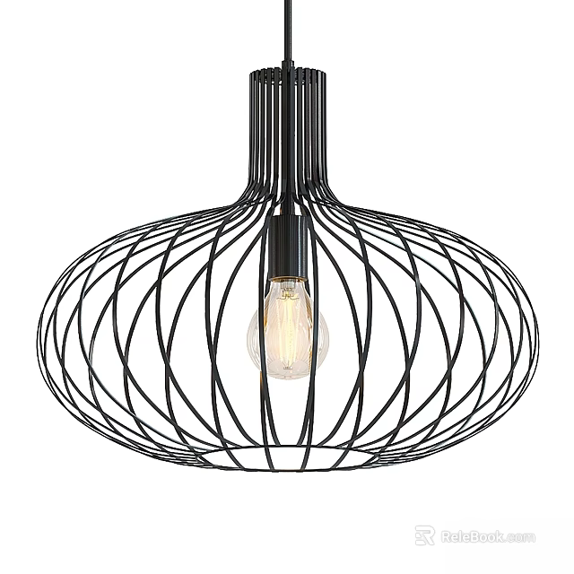 Modern Black Metal Wire Frame Chandelier With Exposed Light Bulb Design 3d model 