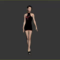 Female Game and Movie Character in Black High Neck Dress with Red Patterns and Bracelets