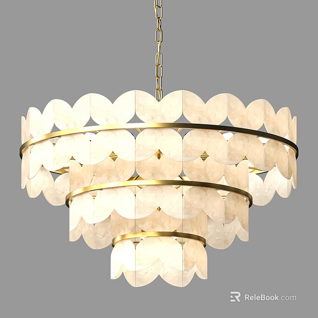 Elegant Multi tiered Chandelier With Scalloped White Shades And Gold Frame Design 3d model 