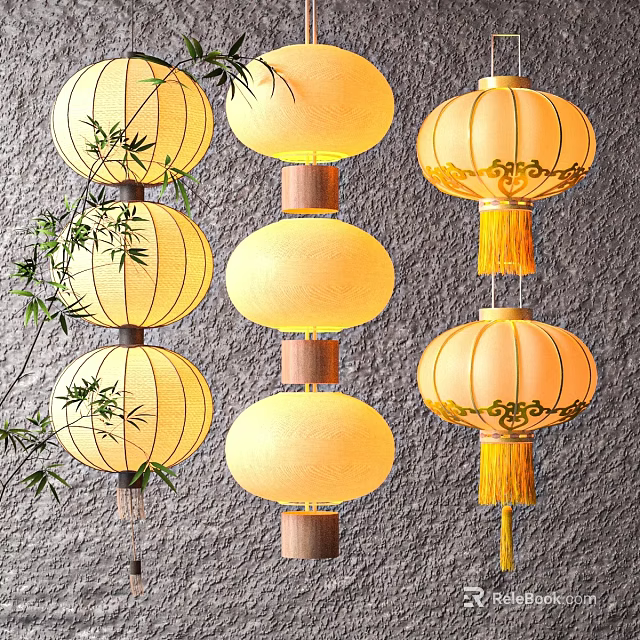 Traditional Chinese Lanterns With Bamboo Branches And Intricate Patterns On Wall Background 3d model