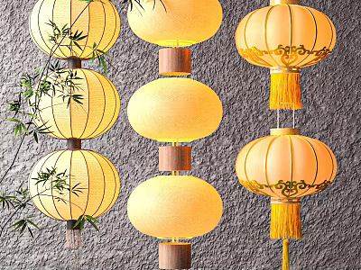 Traditional Chinese Lanterns With Bamboo Branches And Intricate Patterns On Wall Background 3d model