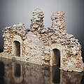 Ancient Stone Building Ruins Featuring Weathered Walls And Arched Doorways