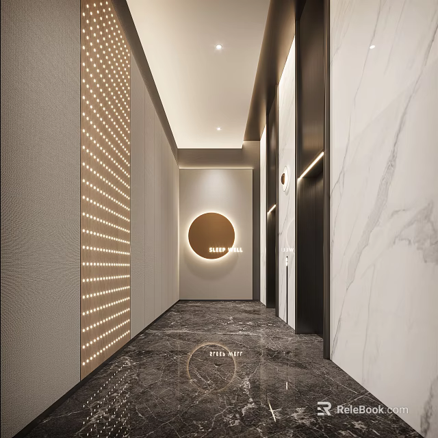 Modern Elevator Hallway Interior Design With Marble Walls Circular Mirror And Lighting 3d model