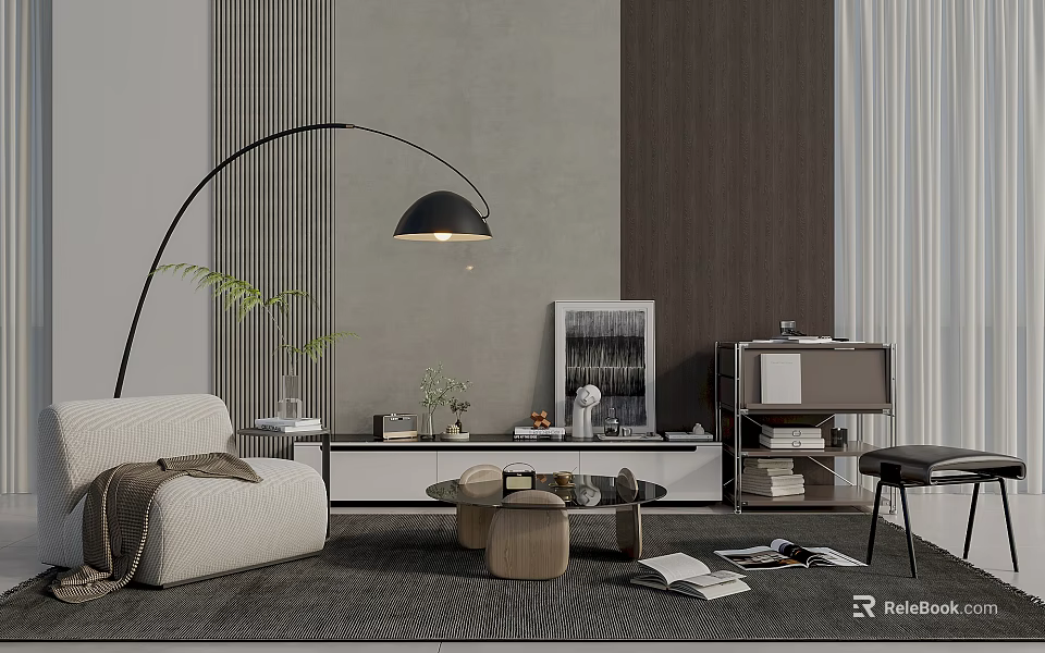 Modern Living Room With Stylish TV Stand Sofa Floor Lamp And Green Plant 3d model 
