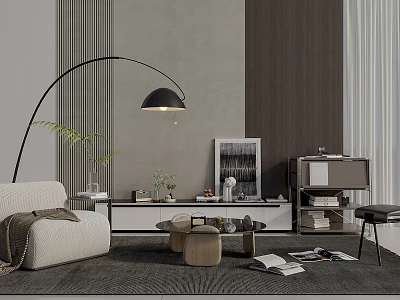 Modern Living Room With Stylish TV Stand Sofa Floor Lamp And Green Plant 3d model