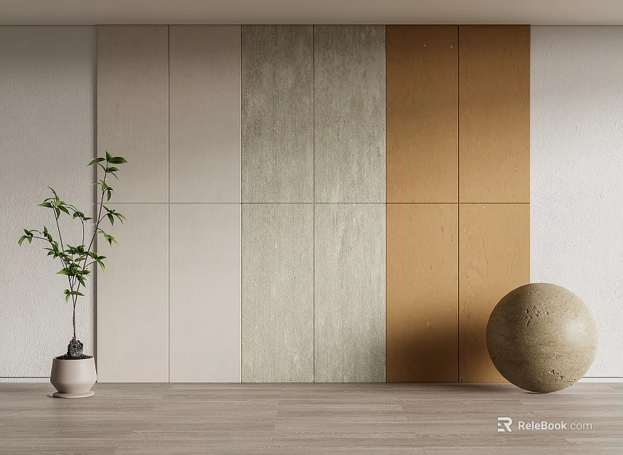 Paneled Background Wall Design with Multi Colored Panels Bamboo Plant Spherical Decor and Wooden Floor 3d model 