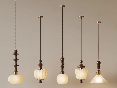 Five Different Designed Pendant Lights With Wooden Tops And Glass Shades 3d model