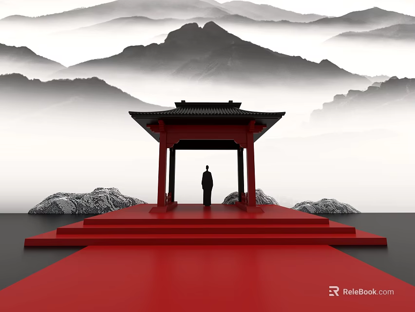 Art Installation Of Chinese Pavilion With Red Platform Carpet And Ink Painting Mountains 3d model 