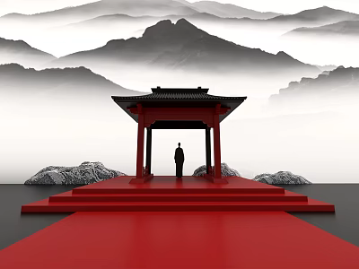 Art Installation Of Chinese Pavilion With Red Platform Carpet And Ink Painting Mountains 3d model