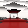 Art Installation Of Chinese Pavilion With Red Platform Carpet And Ink Painting Mountains