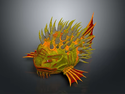 Fierce Mythical Spiky Fish with Green Orange Body Red Eyes and Lava Like Scales 3d model