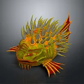 Fierce Mythical Spiky Fish with Green Orange Body Red Eyes and Lava Like Scales