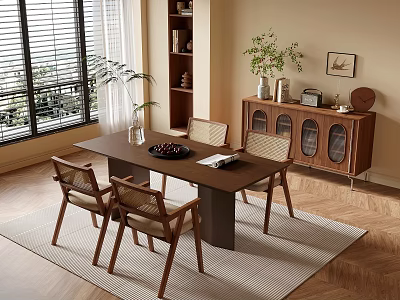 Modern Dining Room With Wooden Table Chairs Window Blinds And Decorative Cabinet 3d model