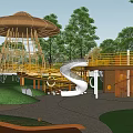 Fun Children's Playground With Mushroom Shaped Shelters Slide And Climbing Nets On Green Grass