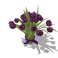 Purple Tulips Arrangement In Transparent Glass Vase With Purple Ribbon Bow And Green Leaves