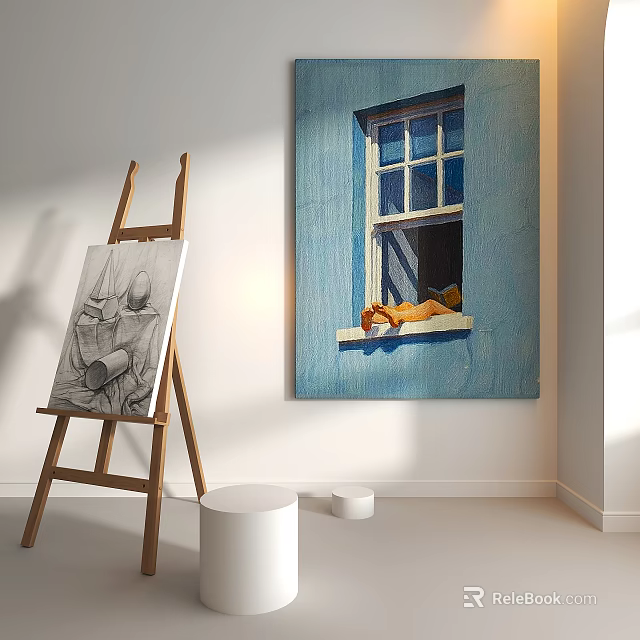 Art Easel with Still Life Sketch Musical Instrument and Painting in White Room Interior 3d model 