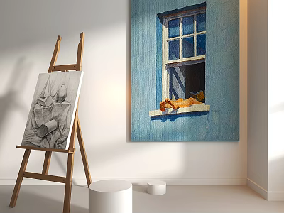 Art Easel with Still Life Sketch Musical Instrument and Painting in White Room Interior 3d model